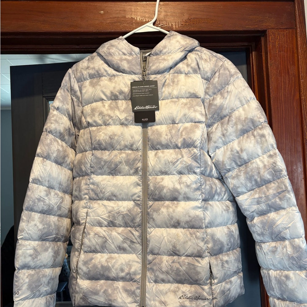 Eddie Bauer Light Gray Quilted Down Jacket with Hood